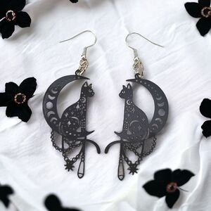 Black Cat and Moon Laser Cut Earrings